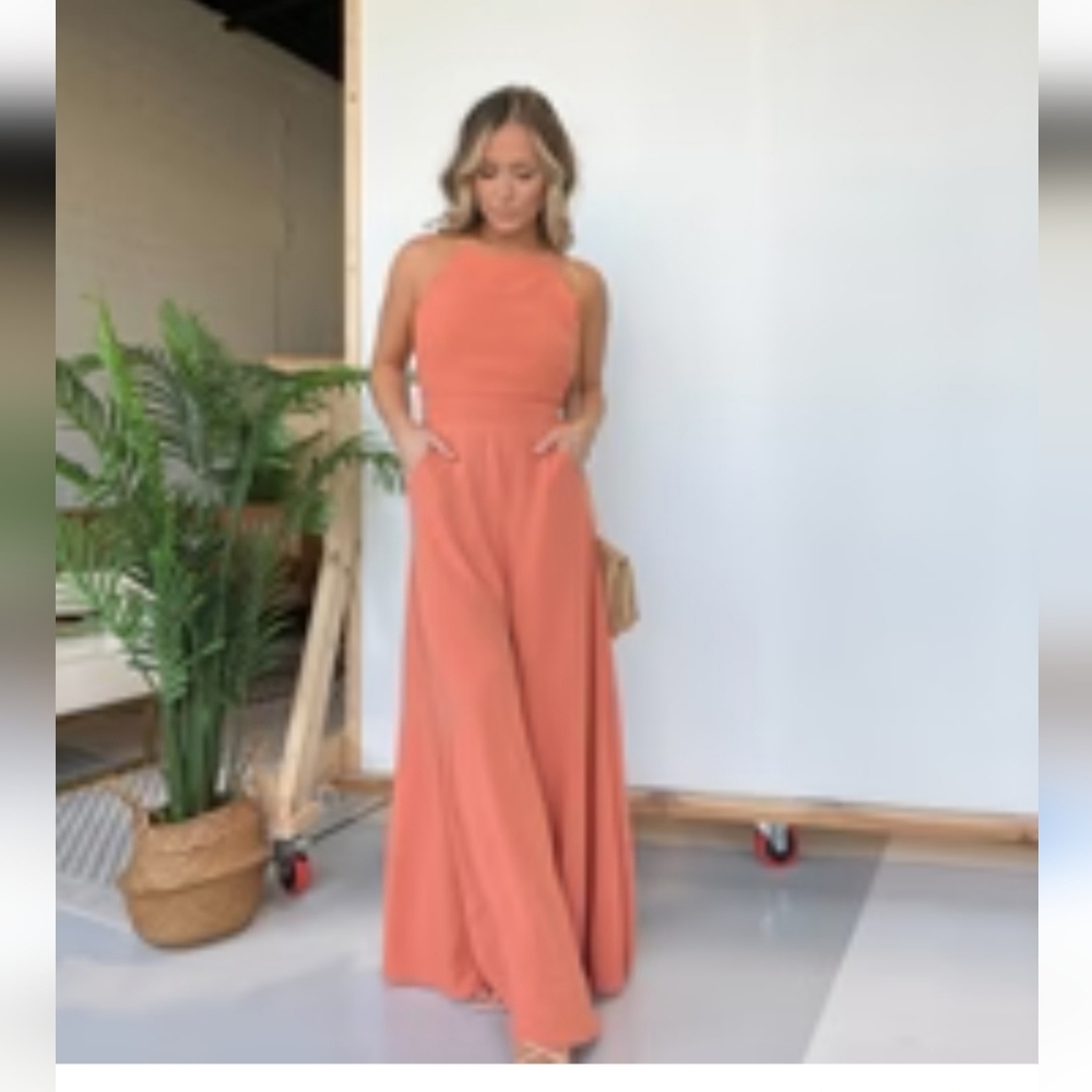 Jade By Jane Open Back Wideleg Jumpsuit -Elegant Coral Color Size Small - Picture 2 of 6